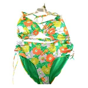 NWT Time and Tru Retro Floral Triangle Bikini Top w/Tie side bottom, Rt $39